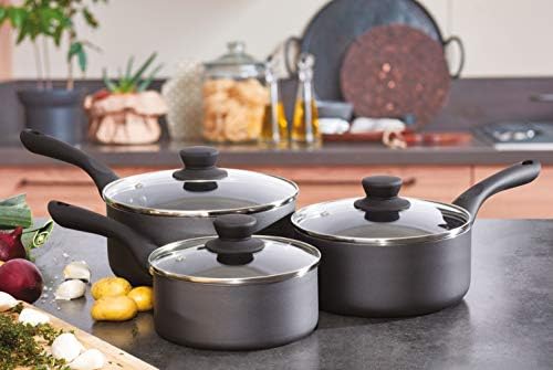 Pro-Chef CKW1847GE 3PC Aluminium Sauce Lid | Soft Grip Handle and Knobs | Inside 2 Layer Pfluon Outside High Temp Coating | Pressed Induction Base | 16cm | 18cm | 20cm-Black, 3 Piece Pan Set