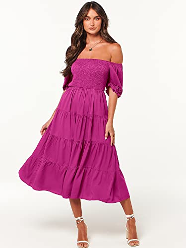 Anrabess Women's Casual Summer Midi Dress Puffy Short Sleeve Square Neck Smocked Tiered Boho 2023 Spring Dresses For Wedding Bridal Shower 877Meihong-Xl Rose #TOP6