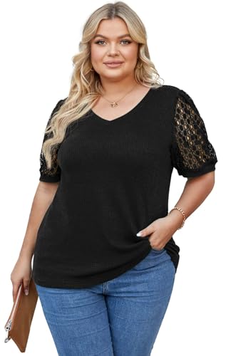 OLRIK Plus Size Tops for Women Summer Blouse Waffle Knit Short Lace Sleeve Shirts4