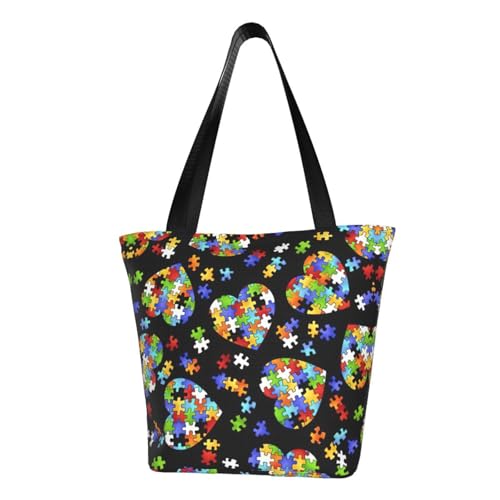 Autism Awareness Puzzle Pieces Heart Print Tote Bag For Women, Reusable Large Ladies Shoulder Bag Large Capacity Shopping Totes Fasion Handbag For Office, Shopping, Travel