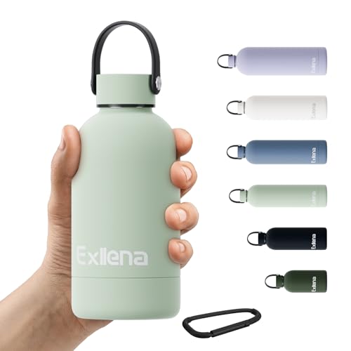 Exllena 350ml Small Water Bottle 350m for Handbag Small Drinks Bottle with Handle Lid and Carabiner Double Wall Vacuum Keeps Drinks Cold 24 Hrs/Hot 12 Hrs BPA Free (Lichen Green)