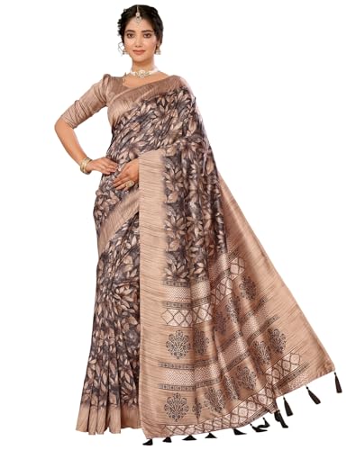 Sari en soie artistique de fête KULIA motif ethnique marron