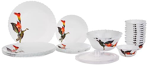 Larah by Borosil Fluted Stargazer Dinner Set 28 Pieces, Opal Glass Dinner Plates & Bowls Crockery Set for Dinning, White