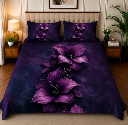 Image of 7D Digital Printed King Size Bedsheet with 2 Pillow Covers | Soft Premium Cotton Feel Microfiber Double Bed Bedsheet | Breathable, Wrinkle Free & Fade Resistant | (Purple, KingSize-225x250CM)