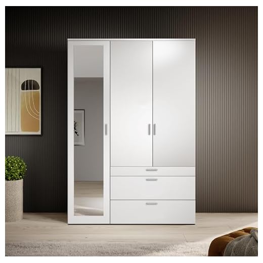 Arthauss Pristine Vesala 3 Hinged Door Wardrobe with Mirror – White Matt W135 x H195 x D56 cm | Spacious Organised Storage with Drawers