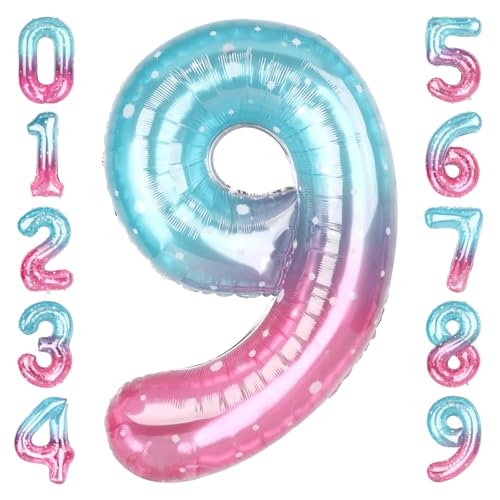Pink Blue Number 9 Balloon 40 Inch, Shiny Ombre Foil for Cloud 9 Birthday
