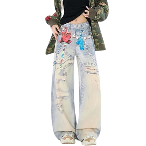Neutral High Street Jeans - Unique Printed, High Waist, Loose, Wide Leg Denim Pants