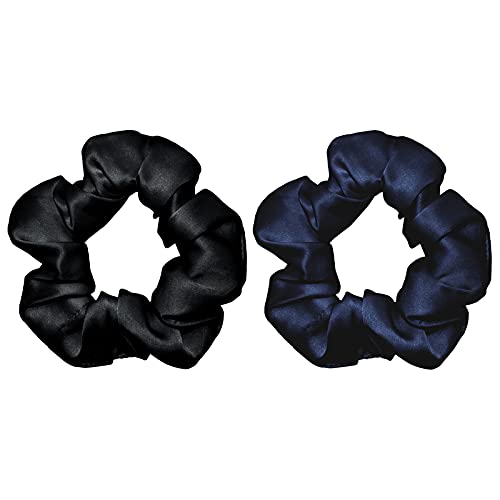 OLESILK 100% Seide Haargummi Scrunchie Haarschmuck Zopfgummi Haare Ringe Elastische Haarbänder Gummibänder für Mädchen oder Frauen, Schwarz + Marineblau, 2 Stücke Cover