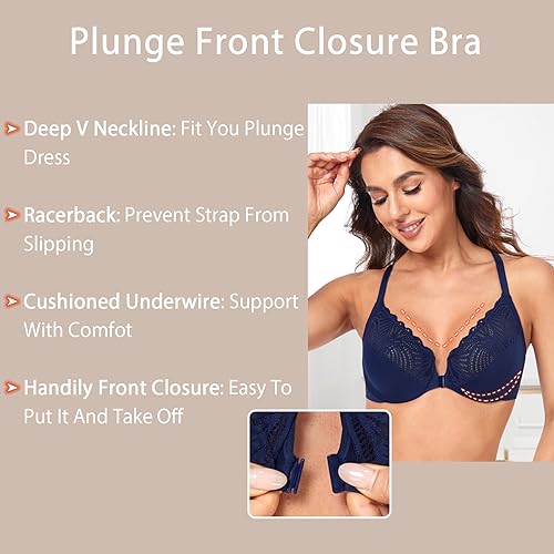 Image of HACI Women's Front Closure Bra Underwire Unpadded T-Back Plus Size Lacy Full Coverage Racerback T-Shirt Unlined