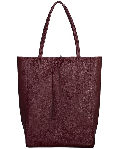 Image of Genuine Italian Leather Tote Bag for Women, Large Slouchy Purse, Burgundy | Unstructured bag, raw unlined interior with zip pocket, top zipper, side ties, folds flat, fits a 16-inch laptop, lightweight