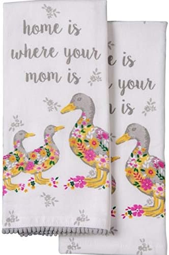 Home is Where Your Mom is - Floral Ducks Kitchen Hand Dish Tea Towel Set of 2 100% Ultra Absorbent Cotton