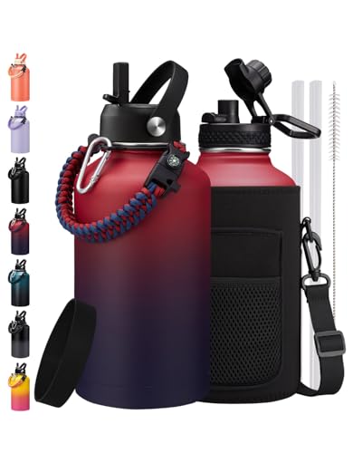 Image of ICIOI 64 /128 OZ Water Bottle with Straw - Auto Spout Lid,Keep Cold 48H & Hot 24H, Wide Mouth Half Gallon Insulated Water Bottle, Stainless Steel 1 /2 Gallon Jug for Woman Men