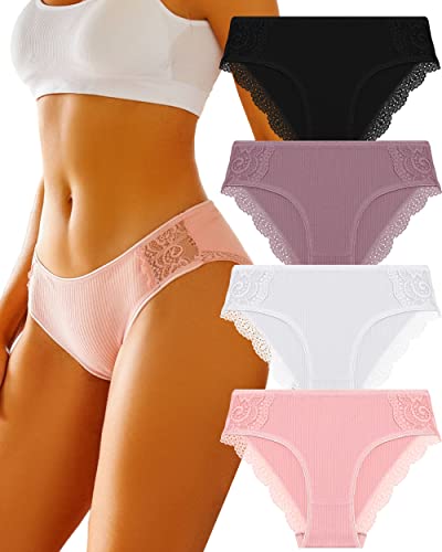 Finetoo Cotton Underwear For Women Sexy Lace Bikini Panties Low Rise Soft Stretch Ladies Cheeky Hipster 4 Pack(4A,M) #TOP29