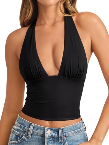 REORIA Womens Plunge Neck Backless Shirts Double Lined Going Out Halter Tank Tops Y2k Cute Summer Trendy Sleeveless Crop Tops Black