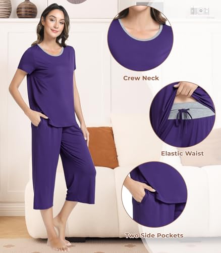Image of NACHILA Bamboo Viscose Women's Pajamas Sets Short Sleeve Sleepwear and Capri Pants