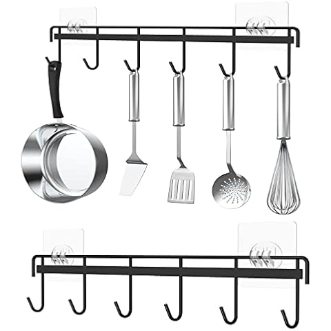 Myfolrena Adhesive Kitchen Hooks Utensil Hanger Holder Hanging Rack 2 Pack, Hanging Rack Wall Mounted Kitchen Rail for Spoons Pot Coffee Mug Cups Tags(Black) Cover
