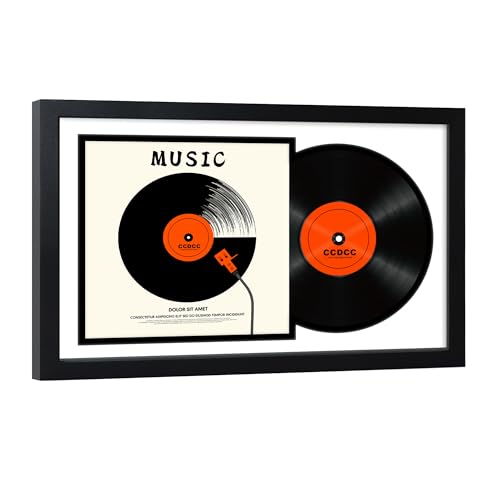 ccdcc 16.5x25 Vinyl Record Display Frame 1 Pack Black Wooden Album Record Frame with Mats and Tempered Glass Cover for 12 By 12 Inch LP Record Cover