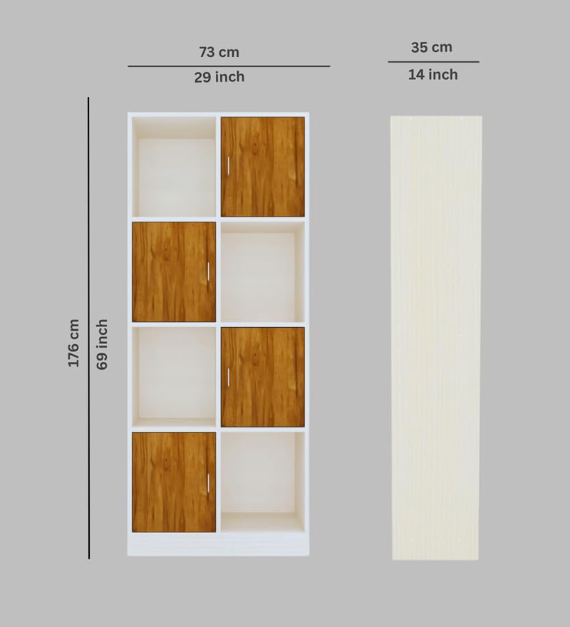 Image of SPECIALITY PANELS 8 Cube Bookshelf with Doors, White and Wood Finish Storage Organizer, 176x73x35 cm, 4 Open and 4 Closed Compartments