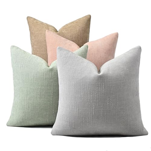 Lunofox Light Green/Pink Throw Pillow Covers 16x16 Set of 4, Farmhouse Soft Chenille Couch Pillow Covers, Solid Textured Square Cushion Cases for Sofa Living Room Bedroom Home Decor
