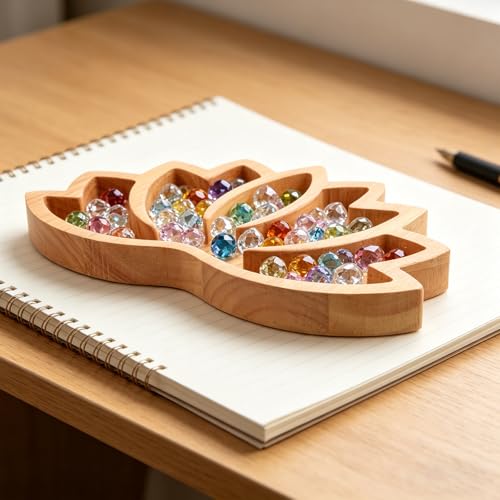 Bandeja de madera de loto contra el desorden de cristales y piedras en la decoración de mesa 7