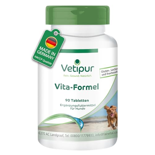 Vetipur Vita-Formel - 90 Tabletten - Rundumversorgung mit Ginseng, Teufelskralle, Ingwer, Mariendistel, Löwenzahn, Brennnessel, Weissdorn und Gingko Biloba - Futterergänzung für Hunde