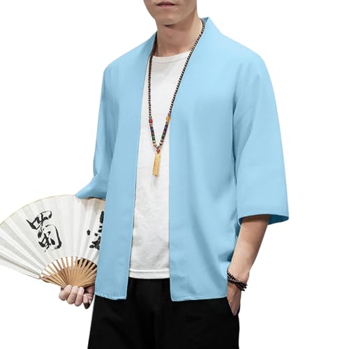 Image of PRIJOUHE Men's Kimono Jackets Cardigan Lightweight Casual Cotton Blends Linen Seven Sleeves Open Front Coat Outwear