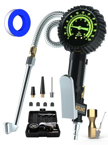 Image of AZUNO Heavy Duty Tire Pressure Gauge, Tire Inflator Gauge 230PSI Air Chuck Air Compressor Attachments, with Steel Braided Hose, Large 2.6 inch Glow Dial & Quick Connect Coupler, for Truck /Car /SUV /RV /Bike