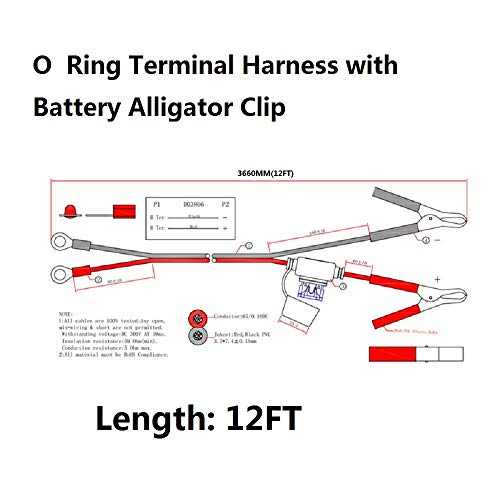 SPARKING 12FT Alligator Clip to Eyelet Ring Terminal Harness with Battery Clamp 12V/24V Battery Clip-On Cable for Power Inverter