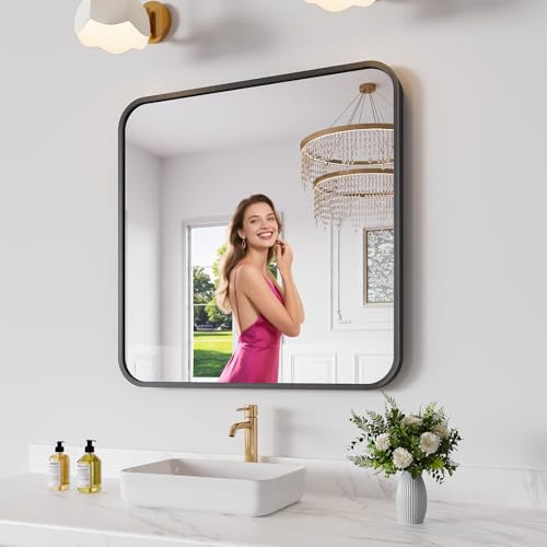 Koonmi Bathroom Mirror 30X30 Inch Black Metal Framed Mirror for Bathroom Tempered Glass Anti-Rust Rounded Rectangle Mirror for Restroom Bedroom Black