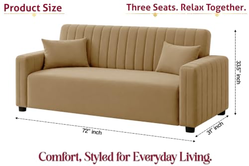 Image of Modern 3 Seater Sofa | Vertical Channel Tufted Backrest & Armrests | Plush Cushioned Seating | Contemporary Upholstered Couch for Living Room, Bedroom & Office - Golden Color