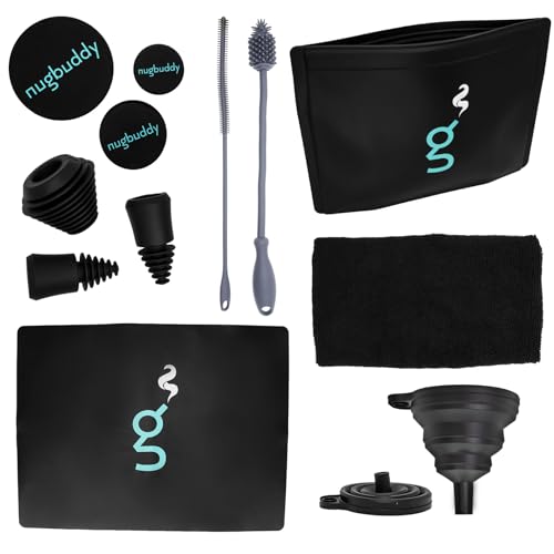 nugbuddy Glass Cleaning Kit - Reusable Silicone Accessories - Complete Kit to Clean your Piece Just Add Cleaner - Reusable Soaker Bag Brushes Mat Caps & Plugs Funnel & Microfiber Towel