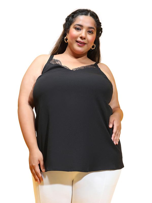 Image of oxolloxo Women Plus Size Soild V-Neck with Lace Detailed Sleeveless Strappy Top
