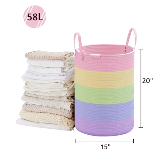Image of VIPOSCO 58L Tall Woven Rope Laundry Hamper, Leather Handles, Rainbow | Large Wicker Laundry Basket for Dirty Clothes, Blanket, Toy, Towel, Yoga Mat, Storage Bin in Bedroom, Bathroom, Living Room