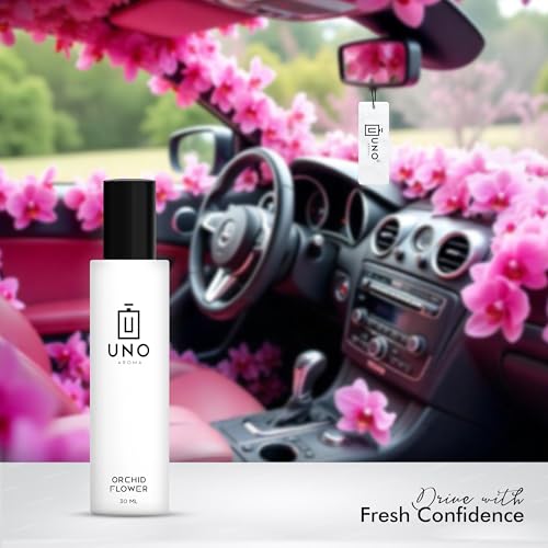 Image of Uno Aroma Orchid Car Perfume - Alcohol-Free, Long-Lasting Car Fragrance, Removes Odours, Toxin-Free & Easy to Use Hanging Card, No-Gas Car Perfume with 200+ Sprays, Last upto 90 days (30mlx2)
