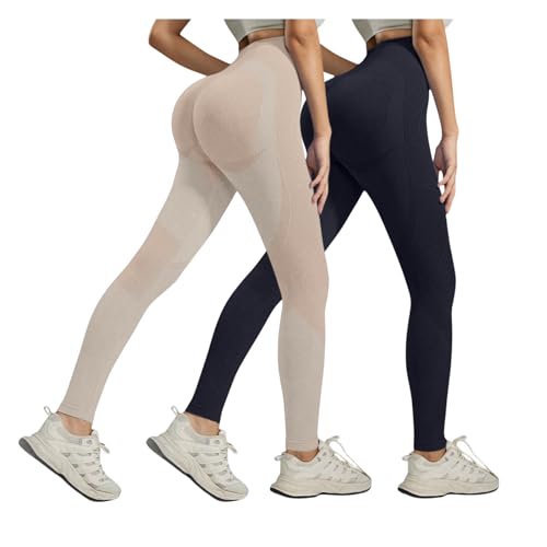Pack de 2 leggings anticelulitis para mujer, largos, de compresión, cintura alta, push up, sin costuras, opacos con control de abdomen, pantalones push-up 3D, pantalones moldeadores de fitness, @7, L