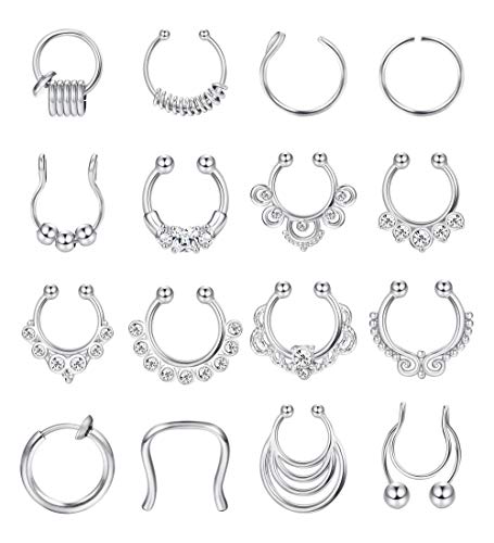 BodyBonita 16pcs Fake Septum Nose Hoop Rings Stainless Steel Faux Lip Ear Nose Septum Ring Clicker Hanger Non Piercing Clip On Nose Hoop Rings Body Piercing Jewelry