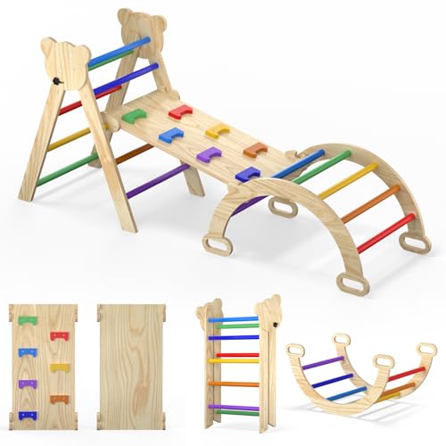 Image of 7 in 1 Montessori Pikler Triangle Set, Foldable Wooden Pickler-3 Piece Baby Climbing Gym Toddler Climbing Toys Indoor with Arch, Ramp, Ladder