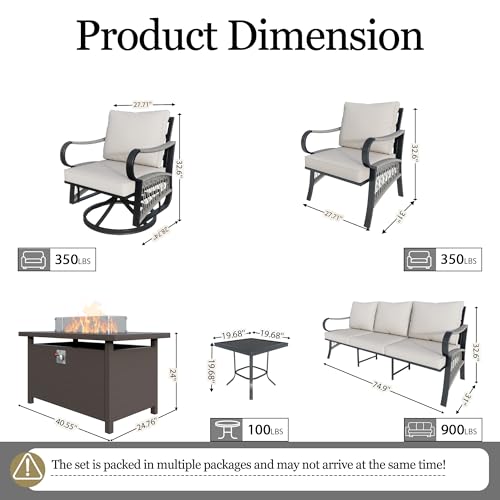 Image of 11-Piece Outdoor Furniture Set, Metal Swivel Rocking Chairs with All-Weather Cushions, Patio Conversation Set with Fire Pit Table for Deck, Porch, Garden, Backyard, Poolside (Beige Cushions)