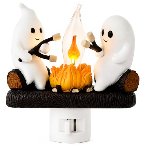 MXXT Ghost Campfire Night Light Plug-in Wall Flickering Flame Nightlight Halloween 3D Cute Spooky Marshmallow Ghost Decoration for Bedroom Spooky Season Home Halloween Decor for Kids Adults