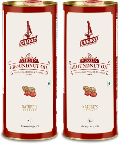Image of Chekko Cold Pressed Groundnut /Peanut Oil (Virgin, Kachi Ghani, Chekku) | 100% Natural, Pure & Wood Pressed (1L) for Cooking (Pack of 2)