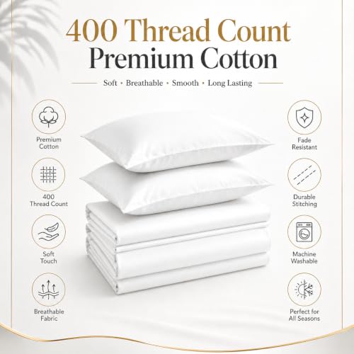 Image of LINENWALAS 100% Cotton Fitted Bedsheet, 400tc Long Staple Imported Egyptian Cotton, Soft, Premium Bed Sheet with Pillowcase for Queen Bed All-Around Elastic for 4-8 Inch Mattresses (60 inch x78 inch, White)
