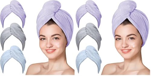 Image of Hicober Microfiber Hair Towel - 6 Packs Anti Frizz Turbans for Wet Hair - Curl-Defining Wrap (Purple, Blue, Grey)