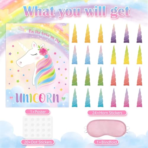 Image of WERNNSAI Pin The Horn On The Unicorn - Unicorn Birthday Decorations 21'' X 28'' Birthday Party Game with 24 Pcs Horns Stickers for Kids School Classroom Activities | Pin The Tail on the Unicorn,Girls Birthday Party Game,28 inch x 21 inch Poster with 24 Stickers and Blindfold