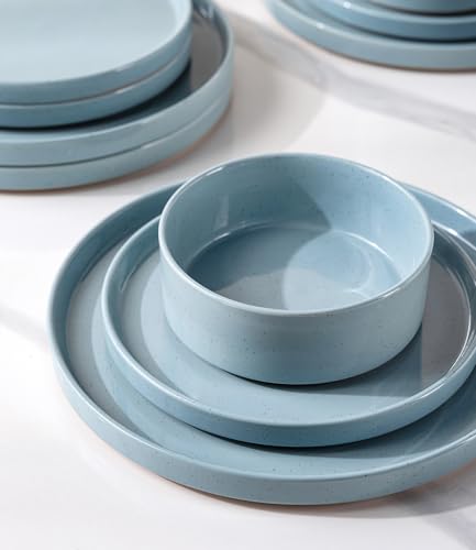 Image of AmorArc Ceramic Dinnerware Set for 4 | Speckled Stoneware Plates and Bowls with unglazed terracotta | Scratch Resistant, Dishwasher & Microwave Safe Dishes Sets- 12-Pcs Blue