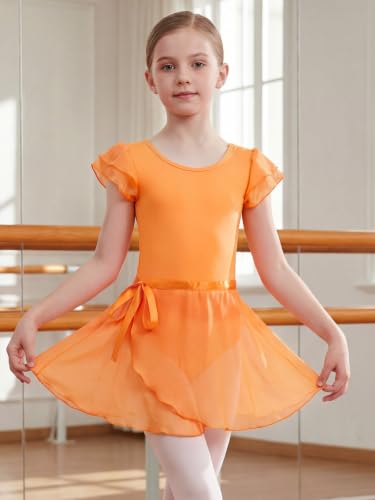 Image of EQSJIU Ballet Leotards for Girls with Removable Skirt Combo Tie Ruffle Sleeve Ballet Dance Dress Outfit 2-12 Years