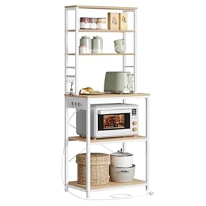 VASAGLE Keukenplank met stopcontacten, staande plank voor keuken, magnetronplank, staand, 6 planken en 6 haken, voor magnetron, stalen frame, 40 x 60 x 167 cm, Golden Oak Cloud White KKS124Y01