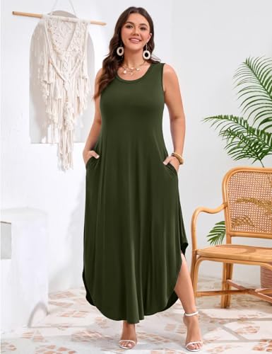 Image of JollieLovin Women Plus Size Summer Tank Maxi Dresses Sleeveless Causal V Neck Beach Long Dresses Swim Cover up (L-5X)
