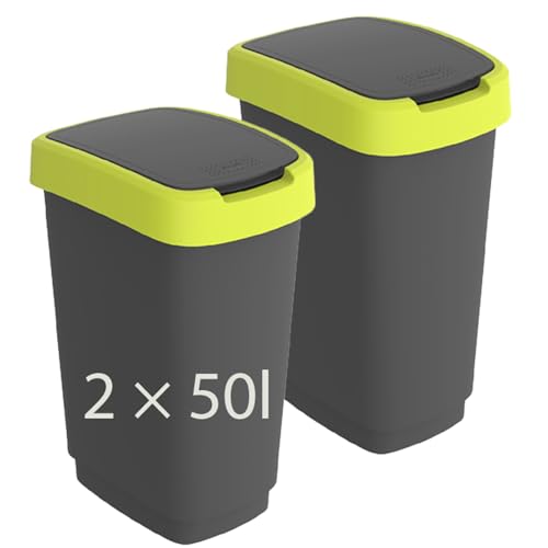 Rotho Twist 2er-Set Mülleimer mit Deckel (gelb/anthrazit, 2x50l)
