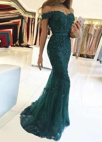 Lace Beaded Tulle Long Evening Dress Off Shoulder Mermaid Formal Party Gown4