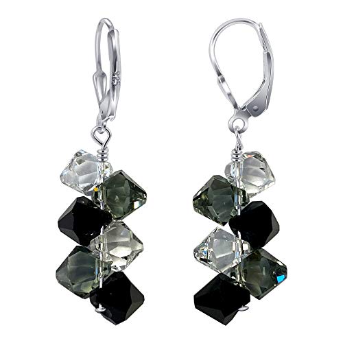 Cluster Swarovski Elements Clear & Black Crystal Leverback Handmade Drop 925 Sterling Silver Earrings
